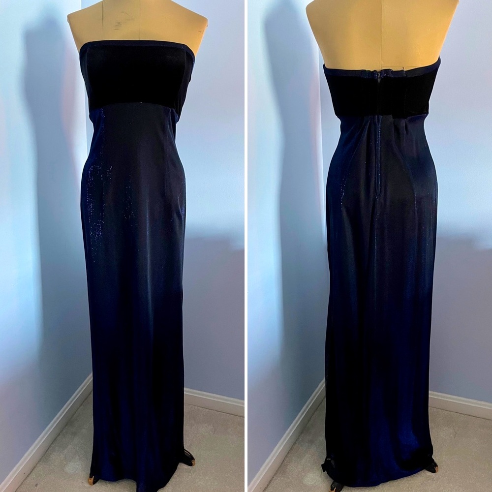 Velvet and shimmer tulle column gown with side slit